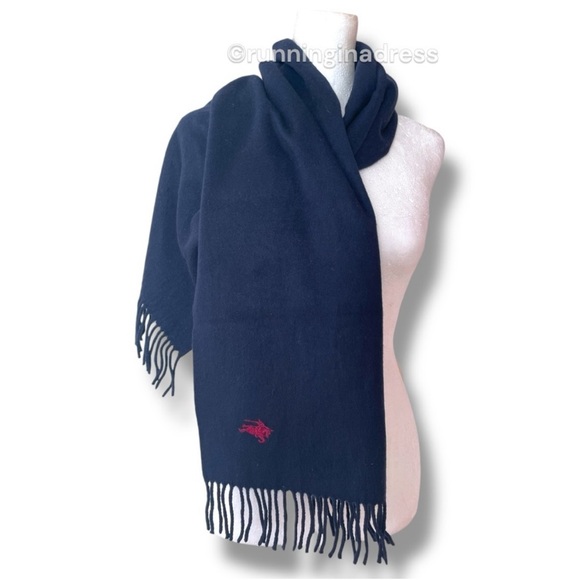 Vintage Cashmere Scarf In Navy Blue With Red Equestrian Knight Design Logo - Picture 6 of 9
